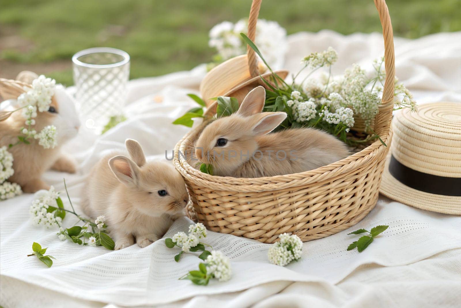 A charming spring scene with four baby rabbits in a light brown wicker basket, surrounded by delicate white flowers, green leaves, and a straw hat. Perfect for Easter, spring, and animal lovers