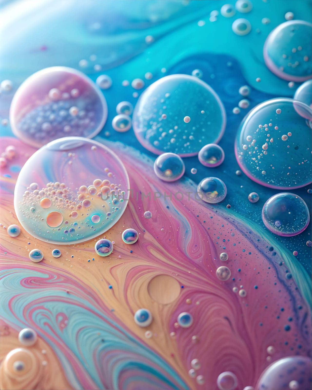 Close-up of colorful liquid swirling with bubbles in shades of blue, pink, and purple, creating a mesmerizing abstract painting.