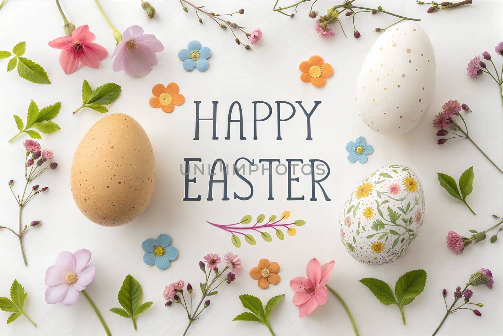 A beautiful arrangement of three decorated Easter eggs with vibrant floral designs and a Happy Easter message, surrounded by pastel-colored flowers on a white background.