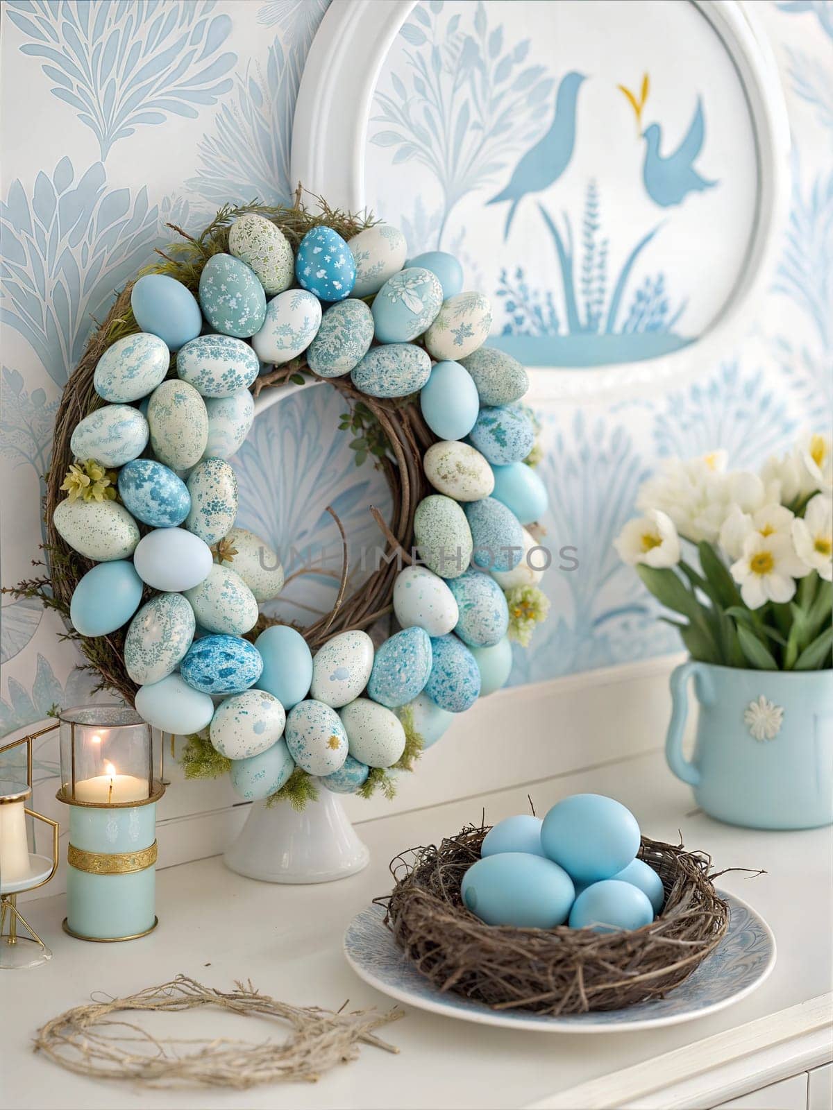 A beautiful Easter wreath made from blue-painted eggs with a springtime theme. The image features a cozy blue color scheme with decorative eggs, a ceramic pitcher, and a basket of eggs, perfect for Easter decoration.