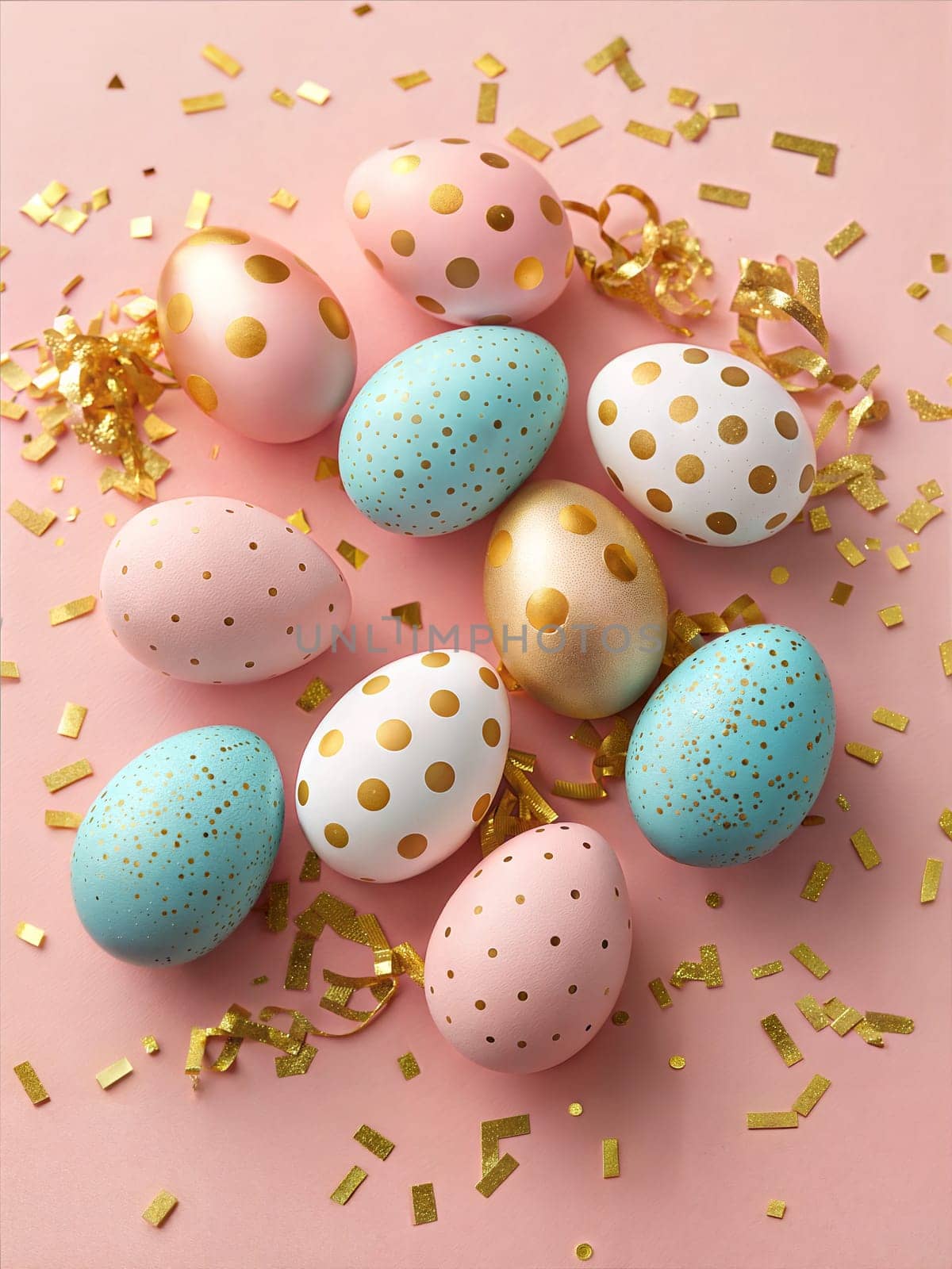 A vibrant flat lay of Easter eggs in pastel shades of pink, blue, and white, decorated with golden dots and surrounded by golden glittery decorations on a soft pink background.