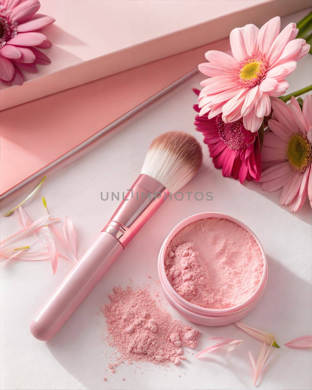 A close-up shot of a pink makeup brush, loose powder, and pink flowers on a soft pink background, perfect for beauty and cosmetics themes.