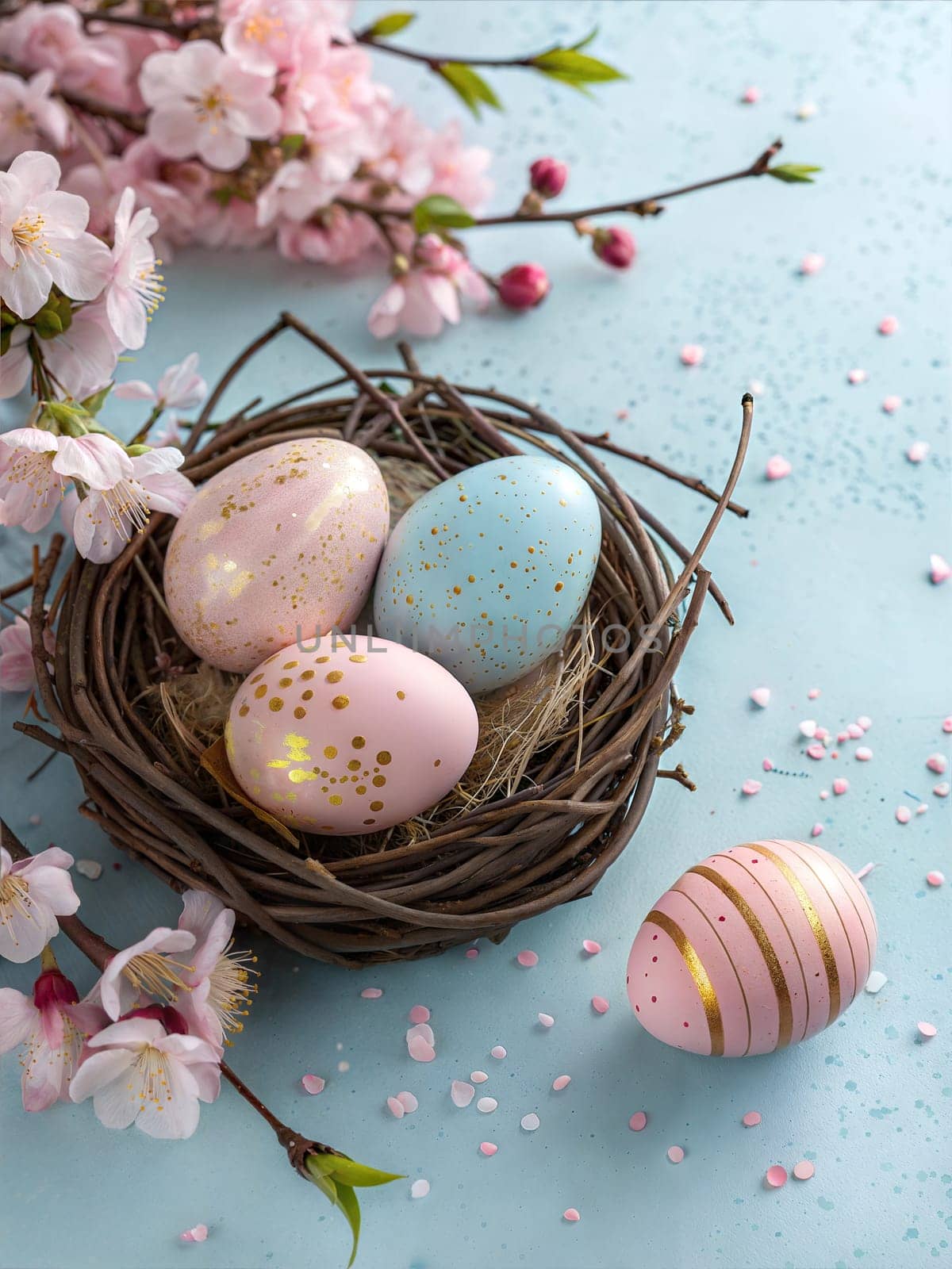 Decorative Easter Eggs in Nest with Blossoms on Light Blue Background. Easter concept. High quality photo