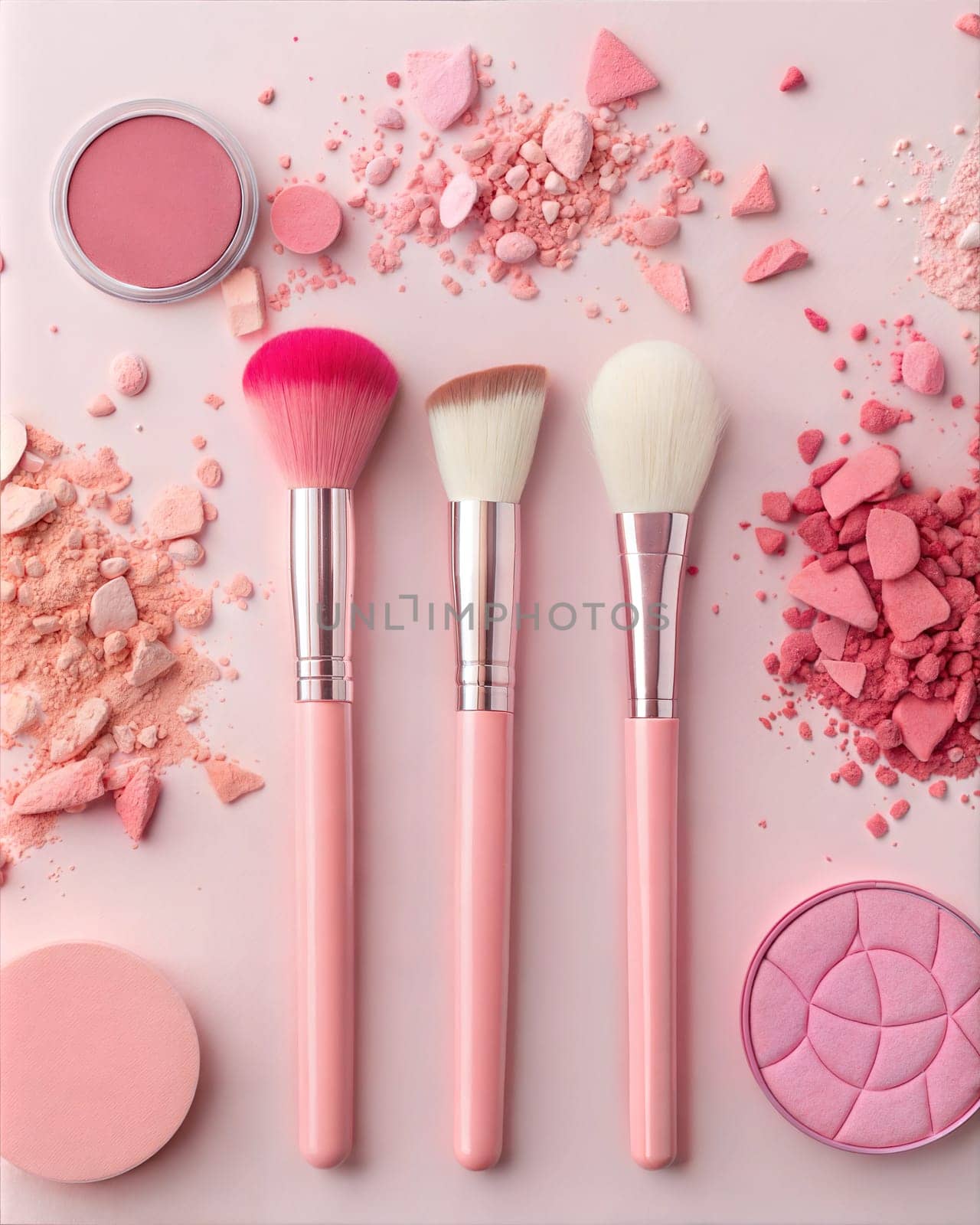 A beautiful flat lay featuring three pink makeup brushes, blush powder, and crushed pink powder on soft pink background, perfect for cosmetics, beauty, and makeup artistry.