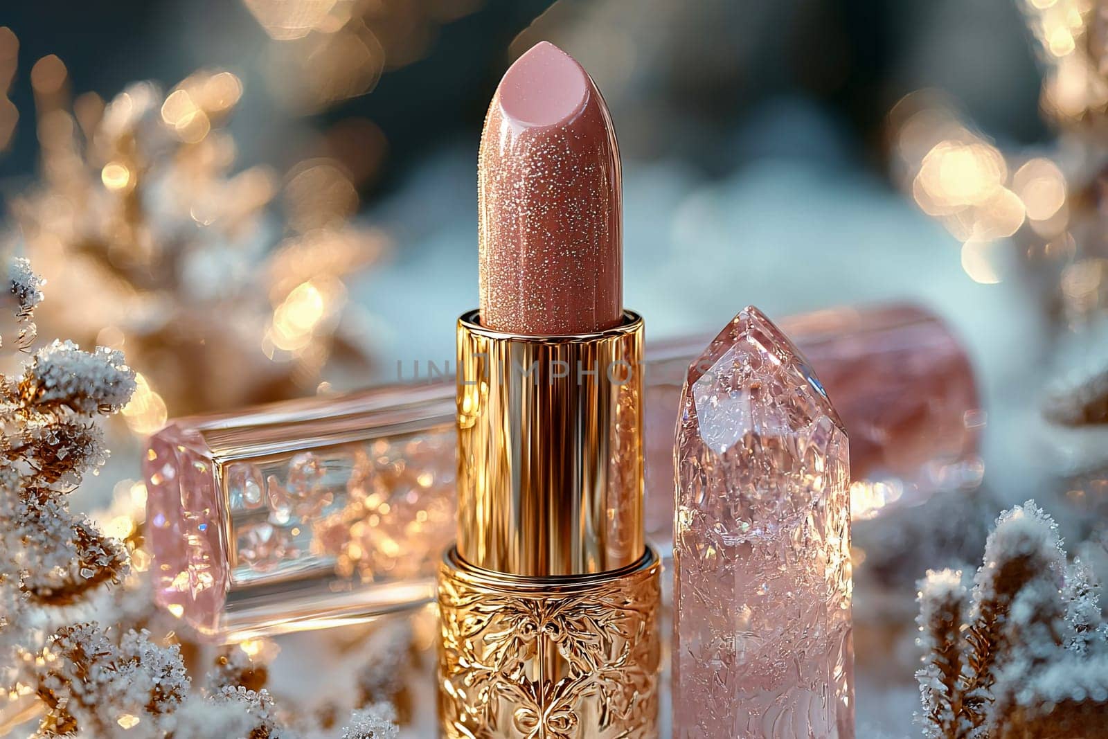 Luxurious pink lipstick with glitter in a gold case on a background of shining amethyst crystals. Decorative cosmetics. AI generated.