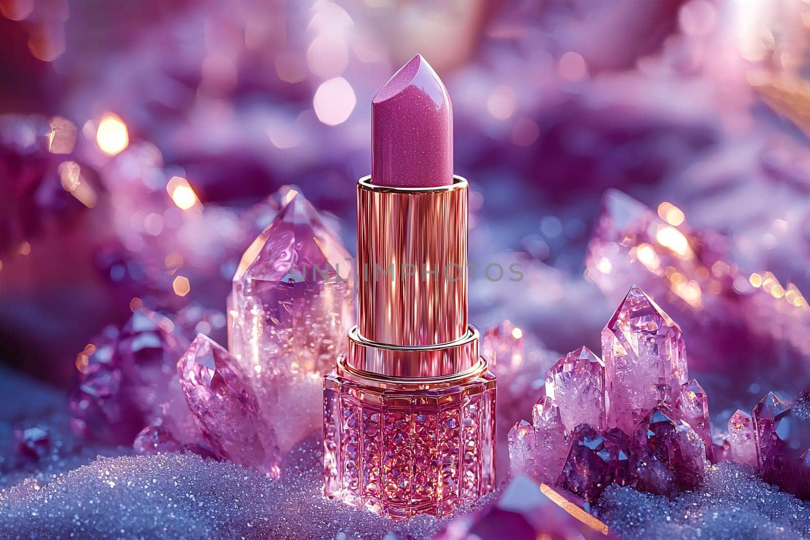Luxurious pink lipstick with glitter in a gold case on a background of shining amethyst crystals. Decorative cosmetics. AI generated.