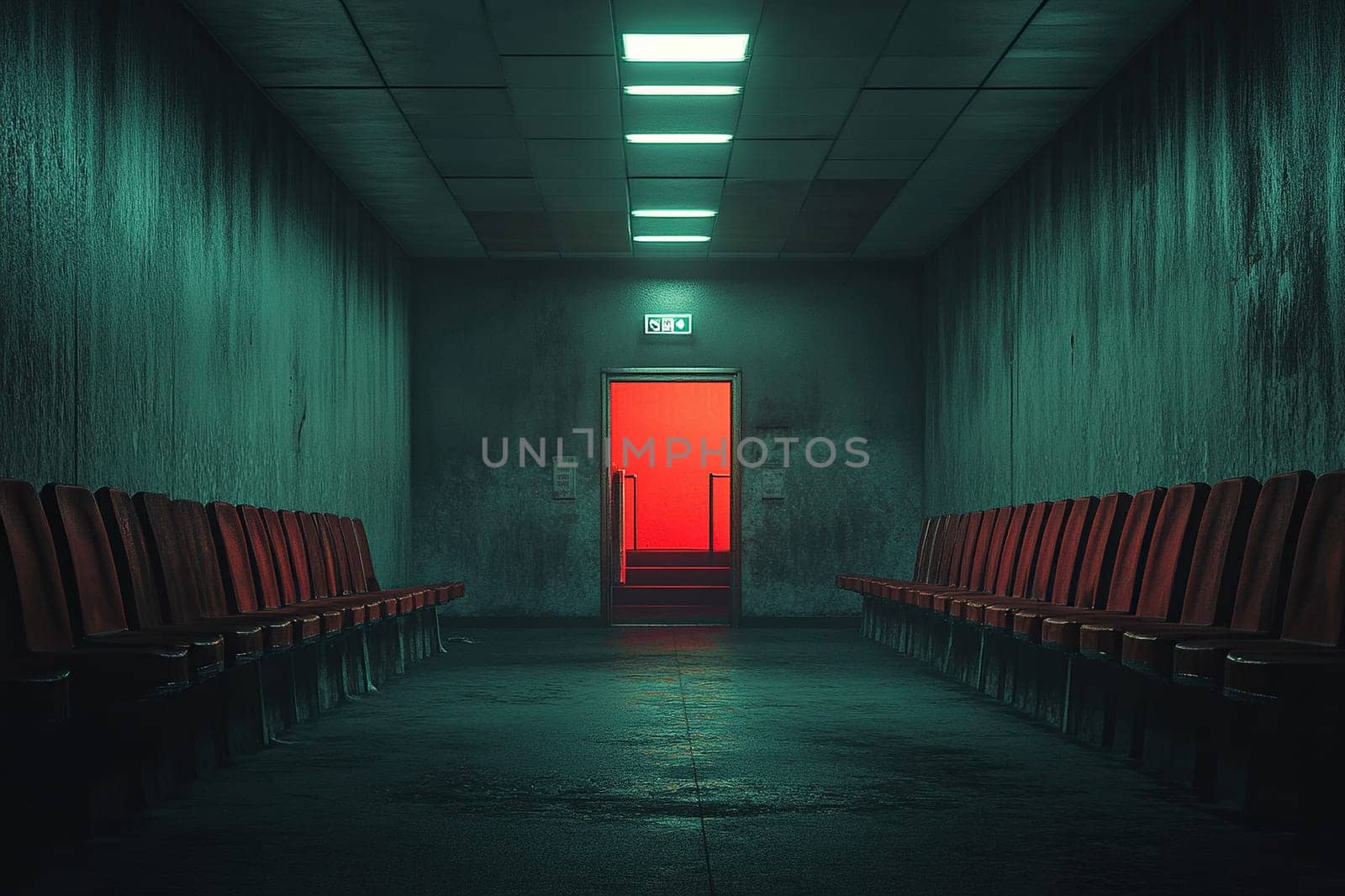 A dark, gloomy corridor leads to a red door. Empty chairs along the wall.