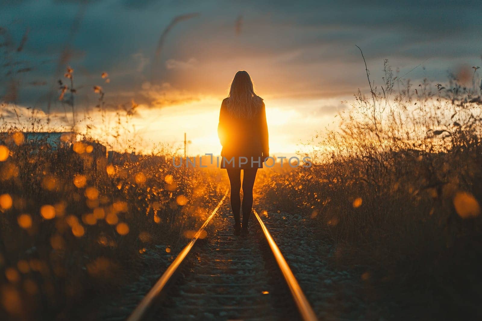 A young girl walking along the railroad tracks towards the sun. The bright sun illuminates the silhouette of the girl in the railroad track.