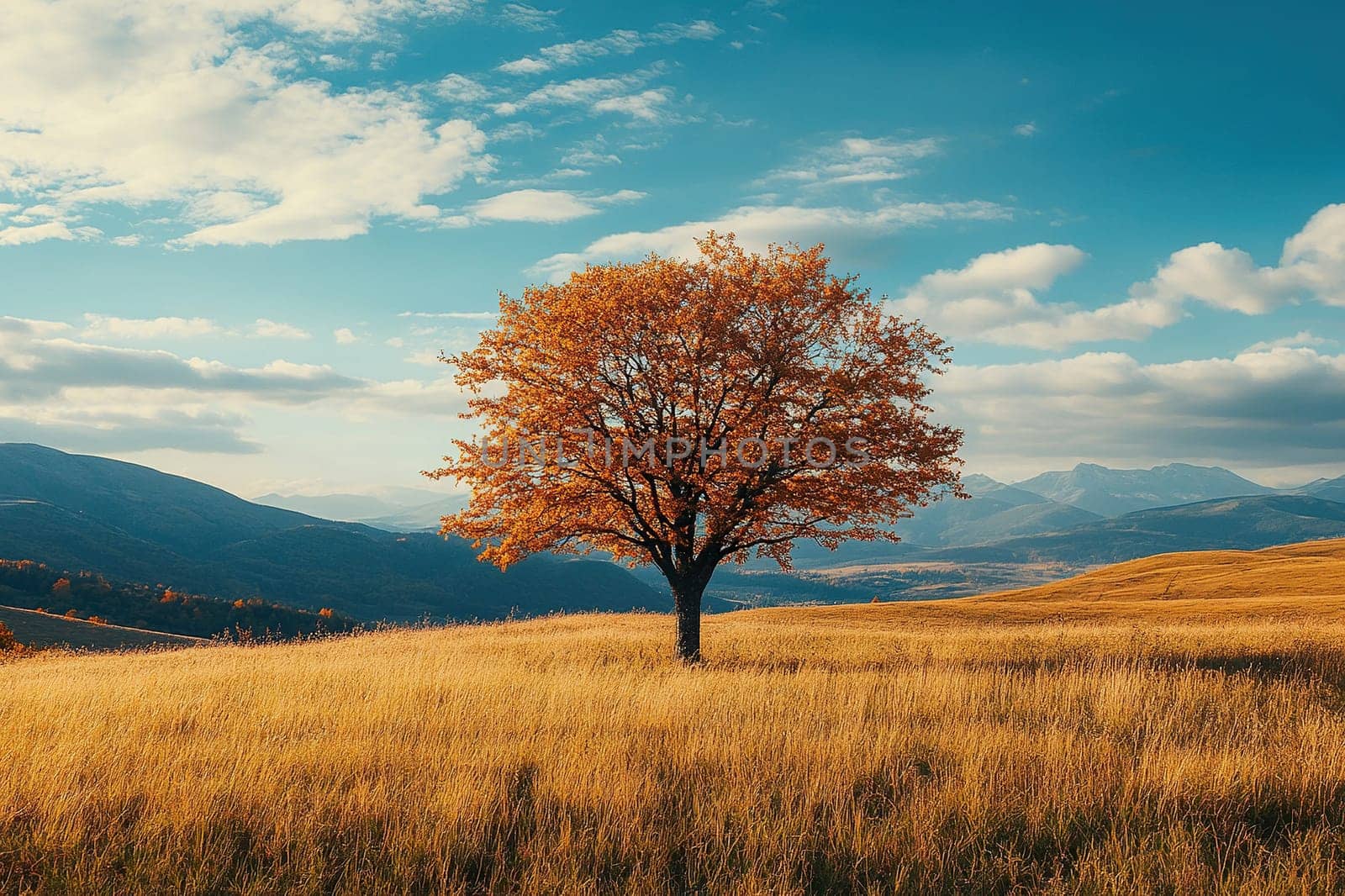 A lush, spreading tree in the middle of a field of dry grass against the backdrop of mountains.