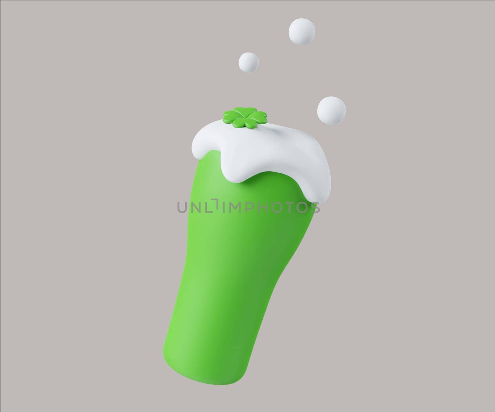 A vibrant 3D render illustration of a green beverage topped with foam and a clover, perfect for St. Patrick's Day celebrations and events.