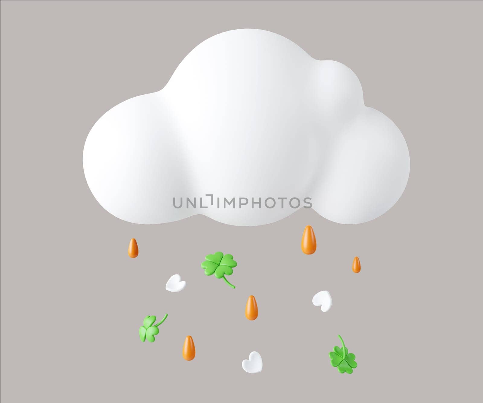 A playful 3D render illustration featuring a whimsical cloud with colorful droplets and hearts, ideal for Spring-themed designs and festive projects.