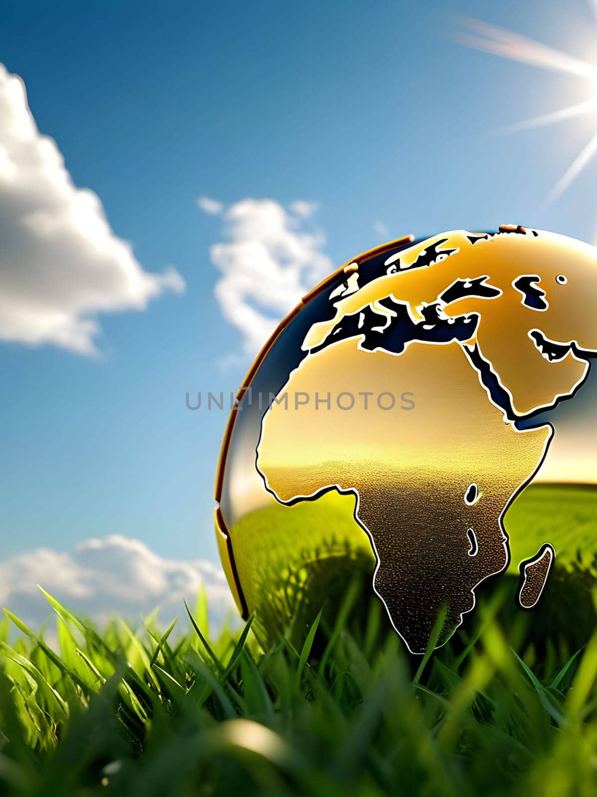 golden globe green grass blue sky ecology climate nature sun light landscape earth planet generated ai alt illustration background image wallpaper . High quality 3d illustration