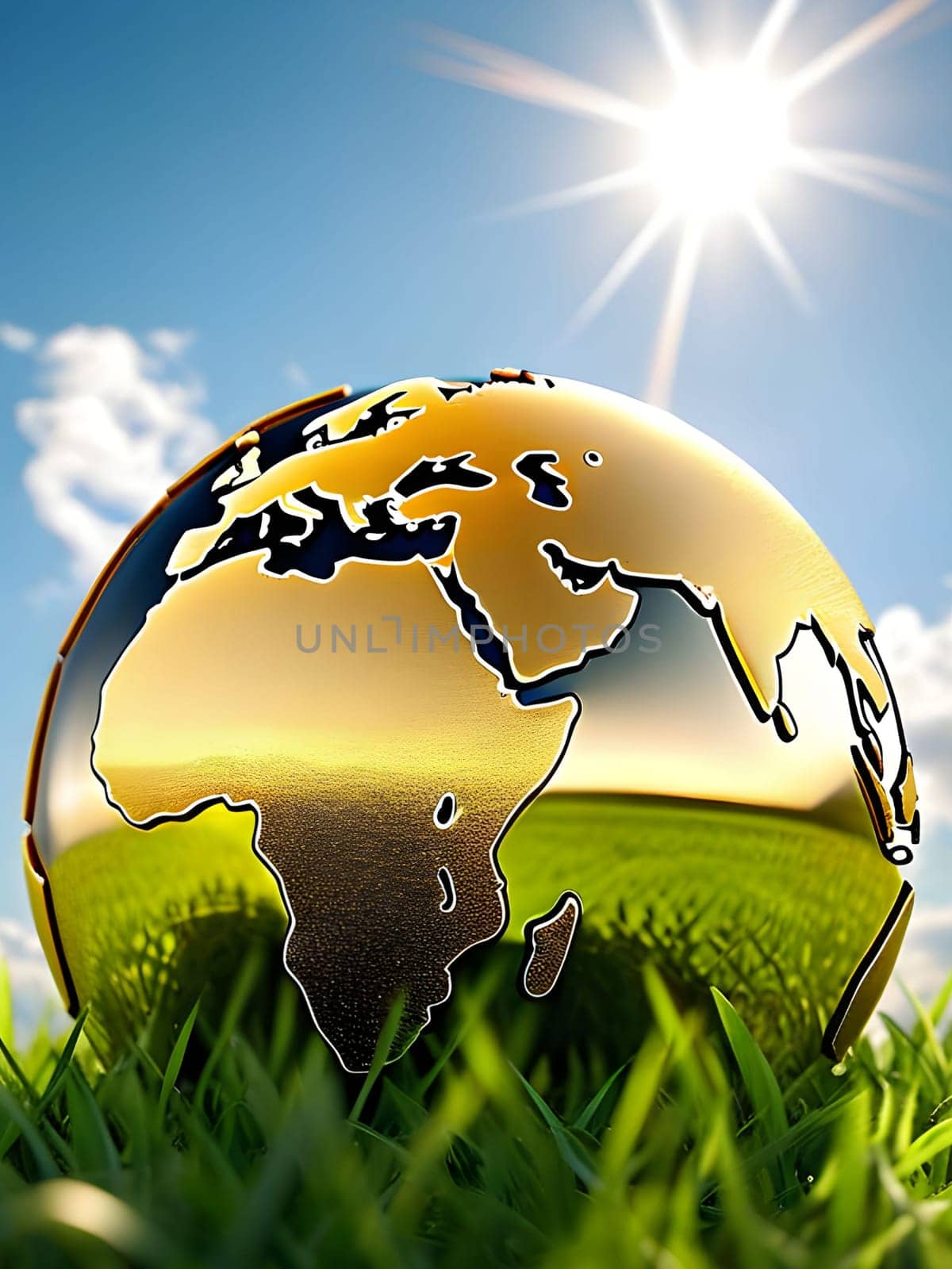 golden globe green grass blue sky ecology climate nature sun light landscape earth planet generated ai alt illustration background image wallpaper . High quality 3d illustration