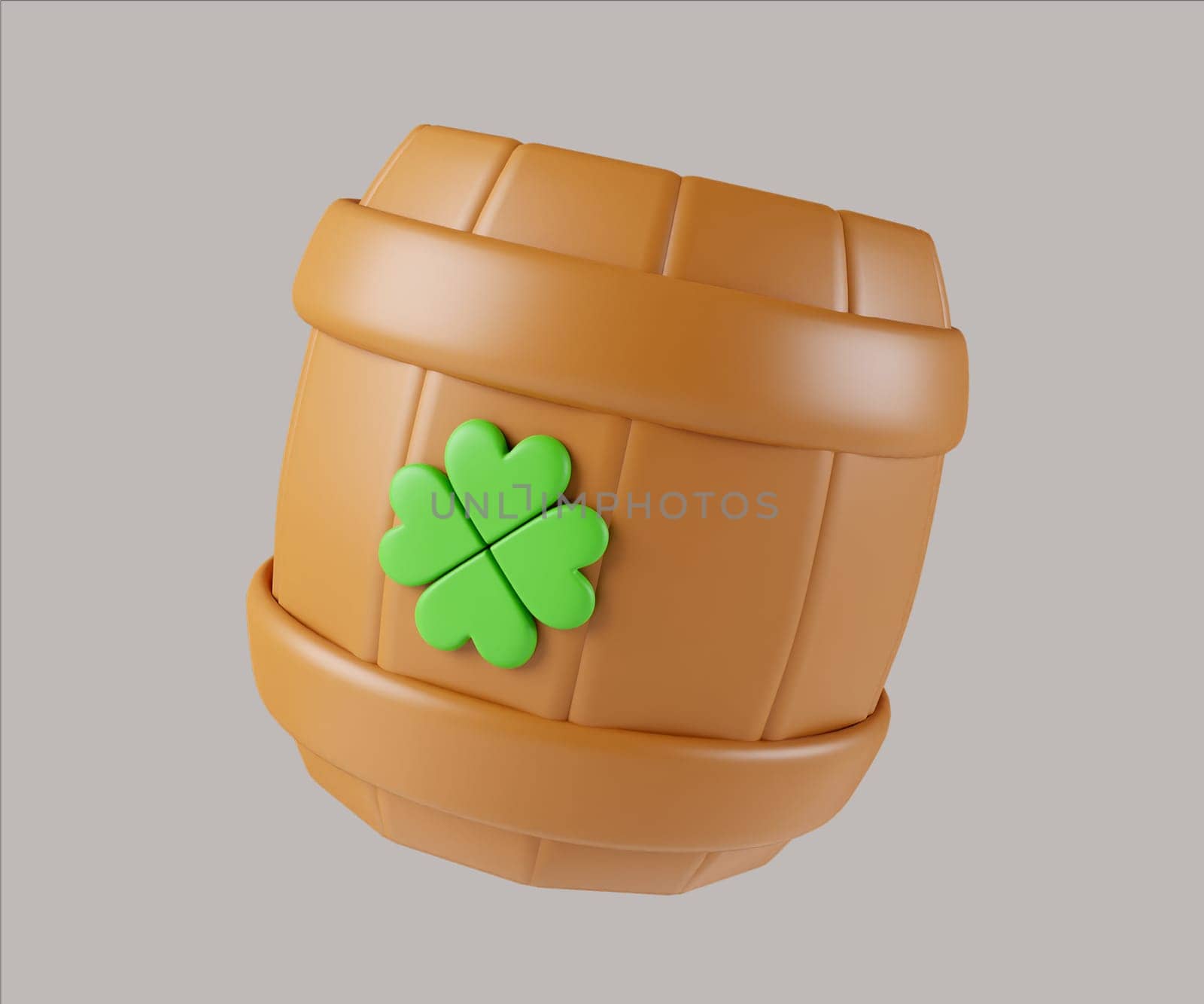 A delightful 3D render of a wooden barrel featuring a green clover, ideal for St. Patrick's Day decorations and themes.