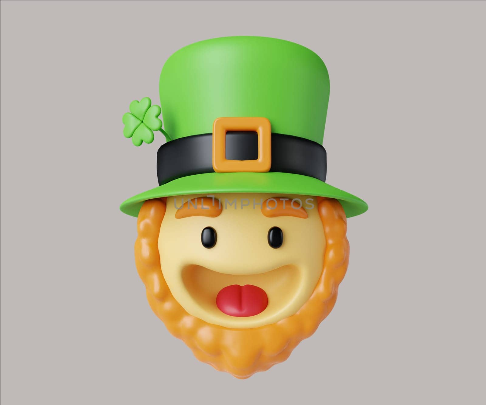 A fun 3D render of a smiling leprechaun face wearing a green hat and a clover, perfect for St. Patrick's Day celebrations.