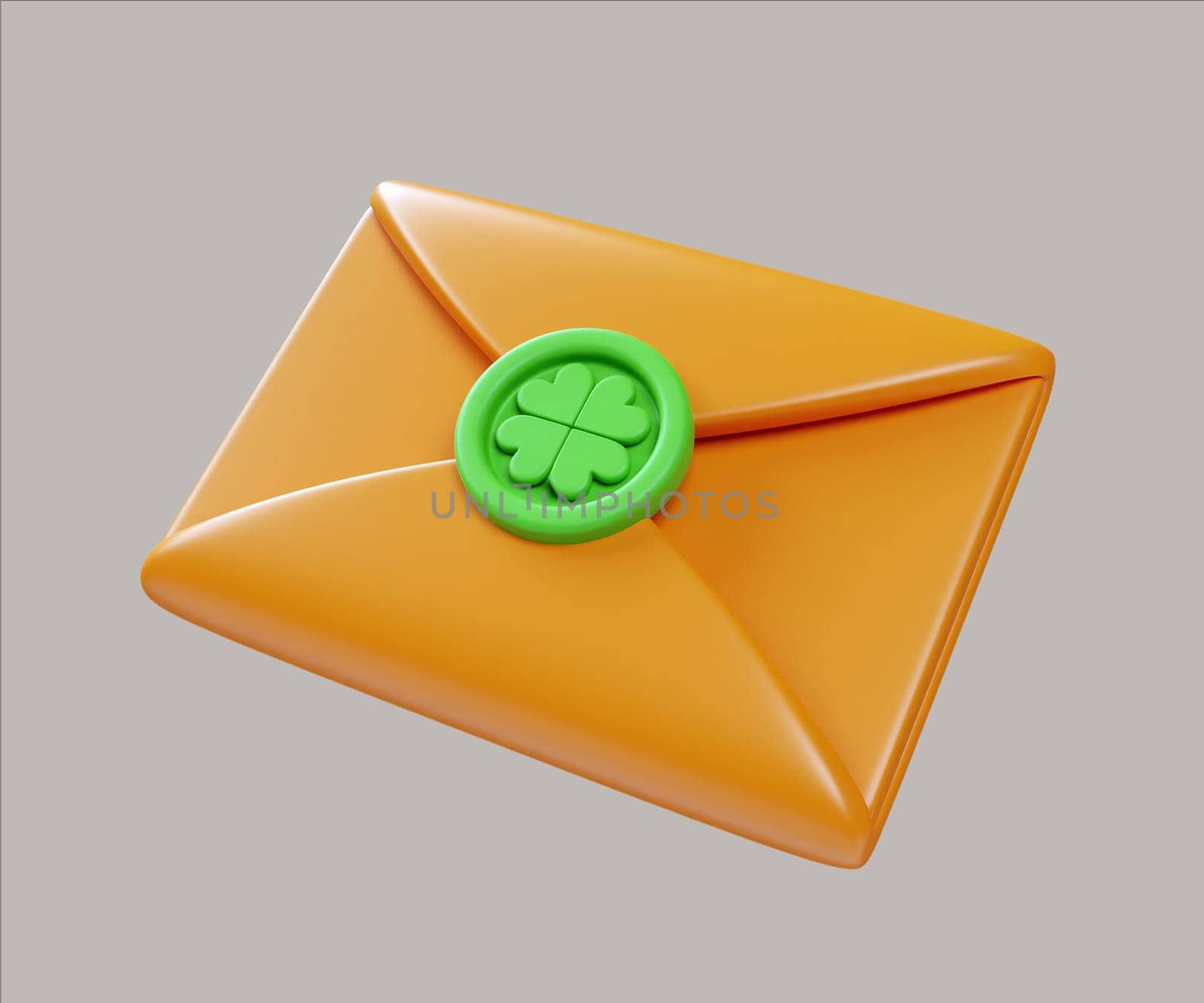 A charming 3D render illustration of an envelope featuring a four-leaf clover seal, perfect for St. Patrick's Day greetings and festive messages.