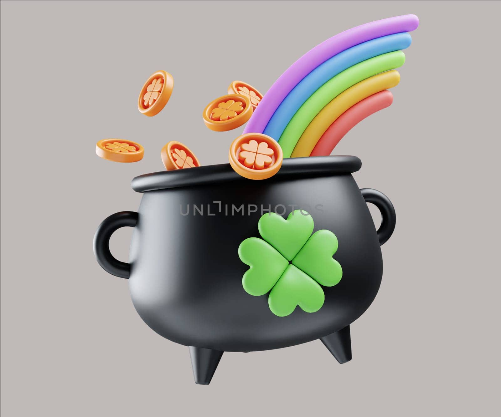 A whimsical 3D render of a black cauldron overflowing with a colorful rainbow and lucky coins, perfect for St. Patrick's Day.