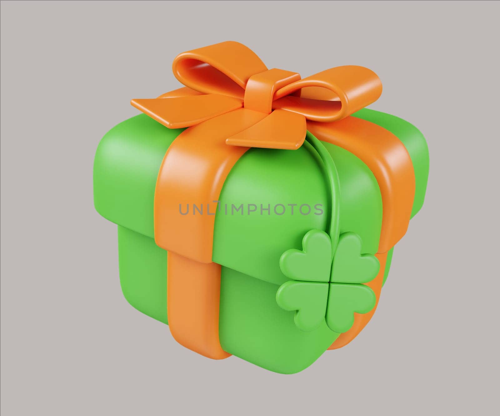 A delightful 3D render illustration of a gift box adorned with a four-leaf clover, ideal for St. Patrick's Day celebrations and festive gifting.