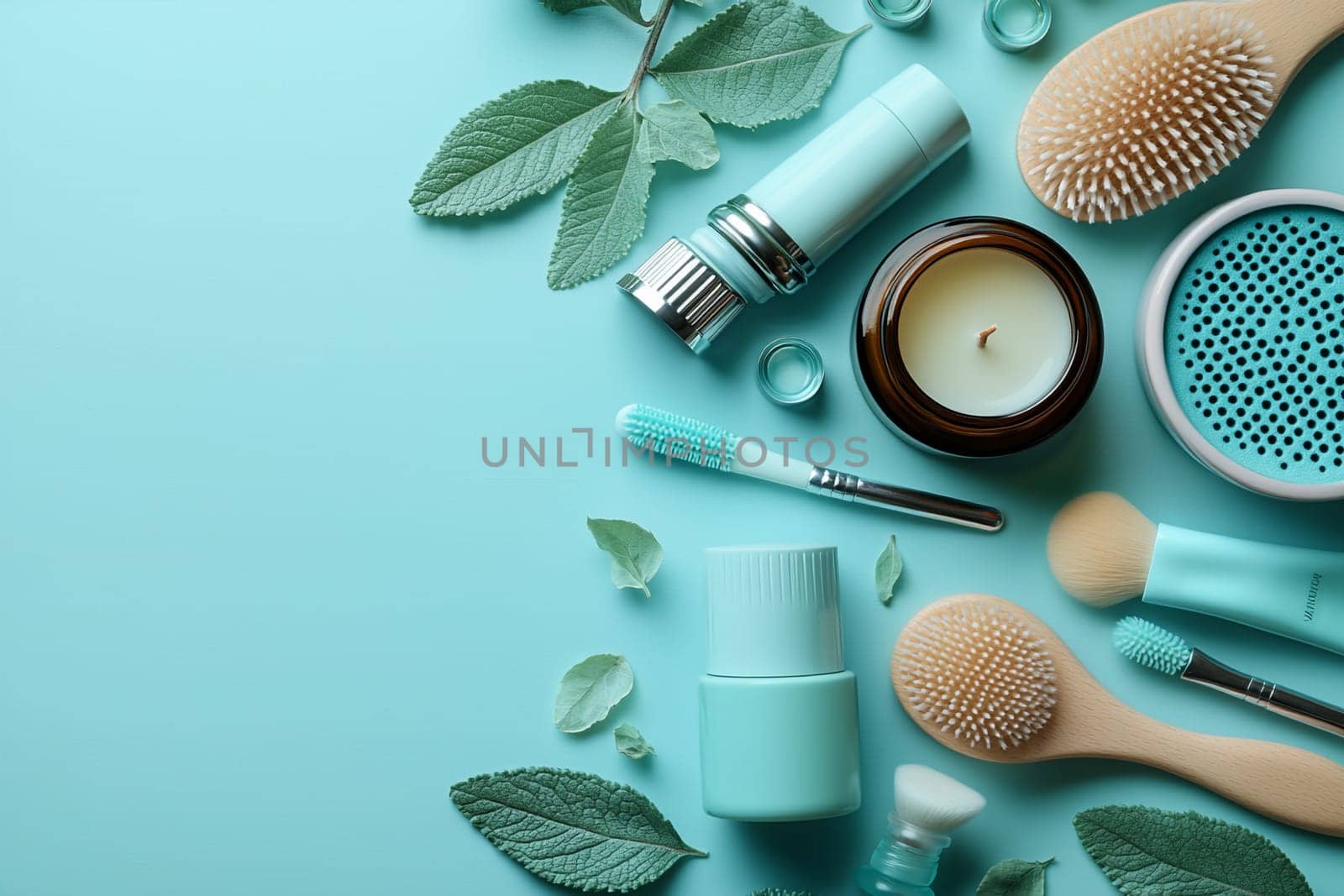Beauty products and natural elements are arranged aesthetically, creating a calming spa environment with soothing colors and textures.