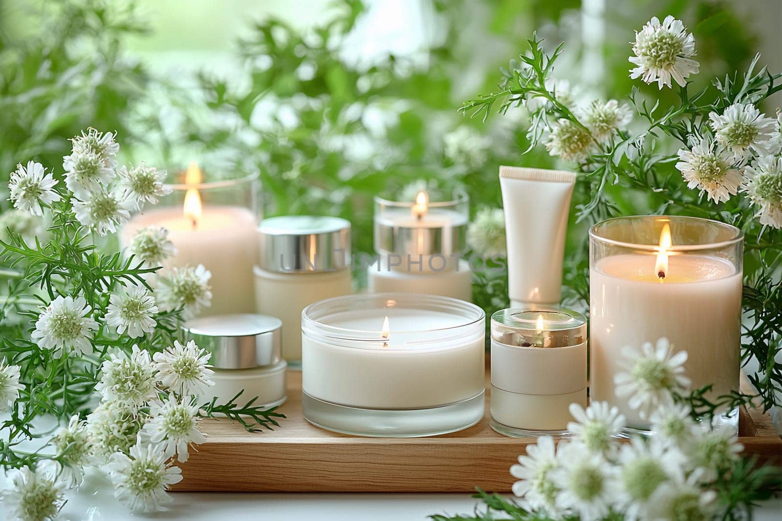 Candles and skincare products are arranged elegantly on a wooden tray surrounded by blooming white flowers in a tranquil setting.