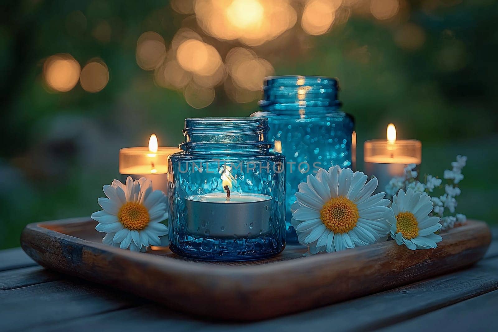 A serene setup features lit candles and fresh flowers in blue jars on a wooden tray during dusk, creating a calming outdoor ambiance.