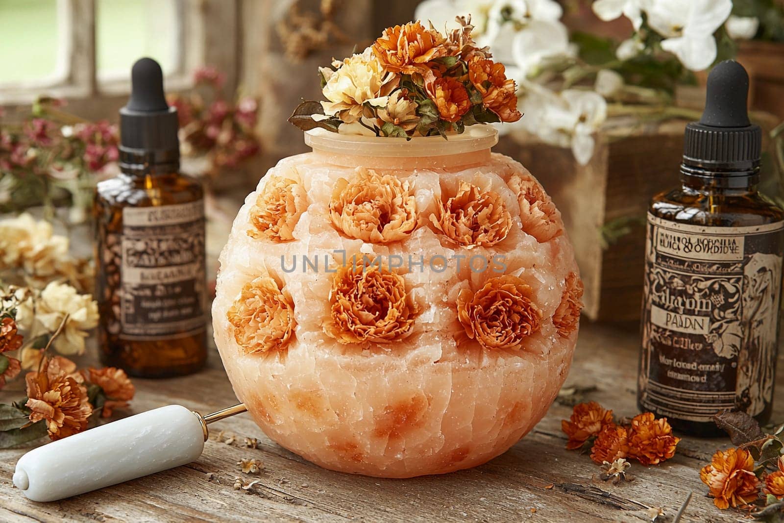 A floral arrangement features dried flowers creatively placed in a carved salt bowl beside essential oil bottles, creating a serene setting.