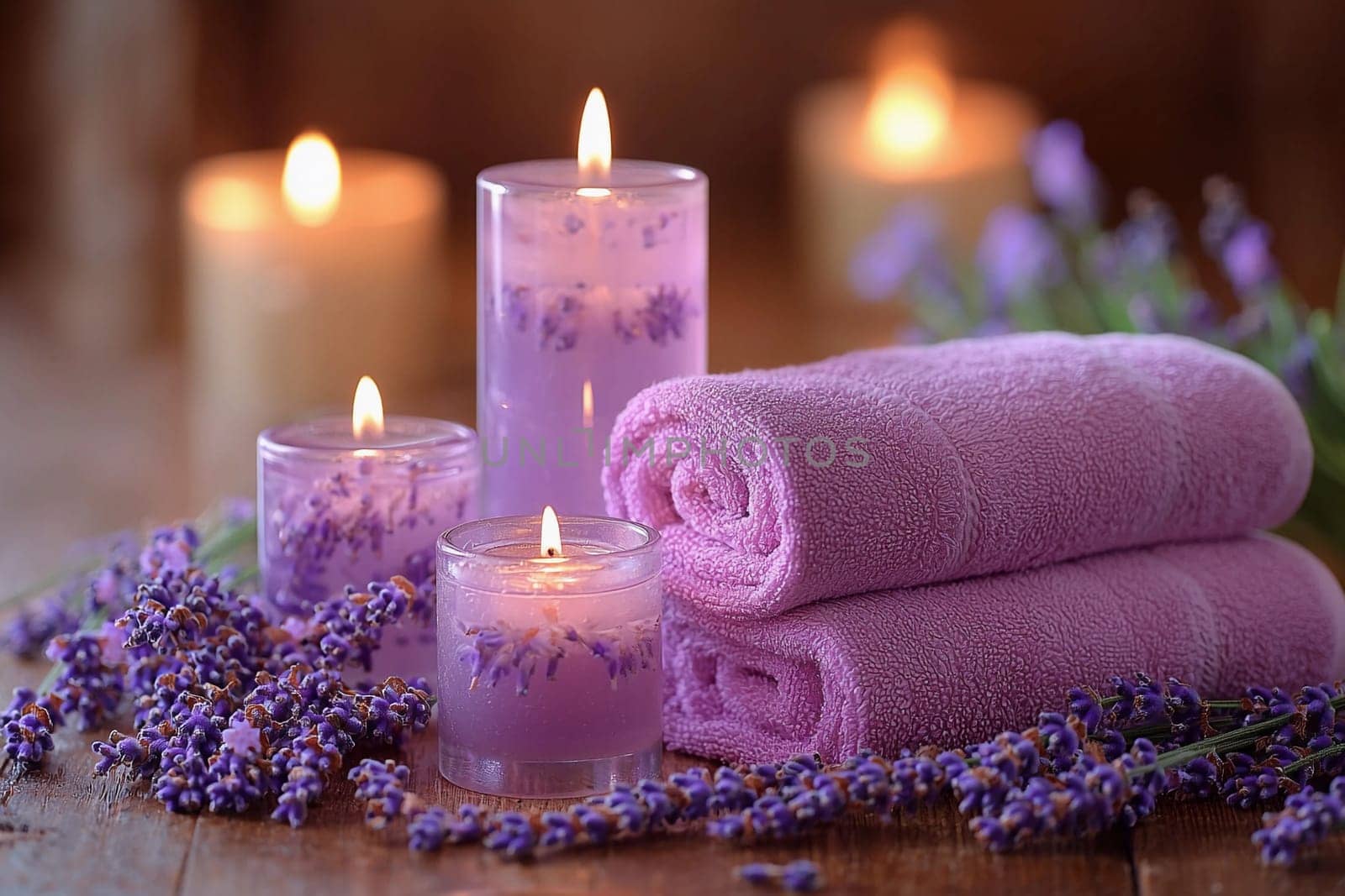 Soft lavender candles and plush towels are arranged amidst fresh lavender flowers, creating a serene and calming atmosphere for relaxation.