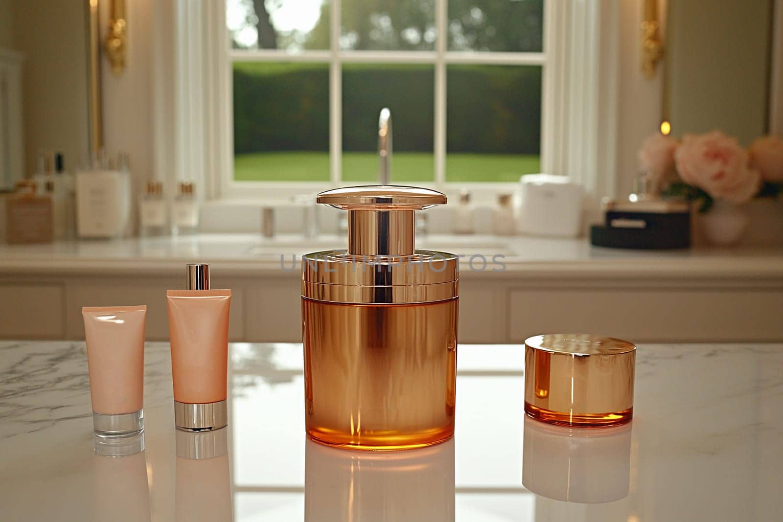 Three skincare items are neatly arranged on a marble surface, illuminated by natural light from the nearby window.