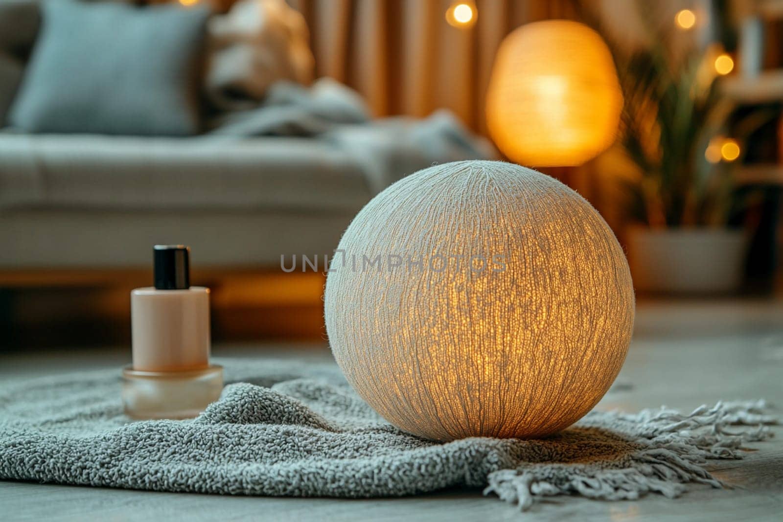 A cozy living room features a glowing round lamp next to a neatly arranged rug and a couch, creating a warm and inviting atmosphere.
