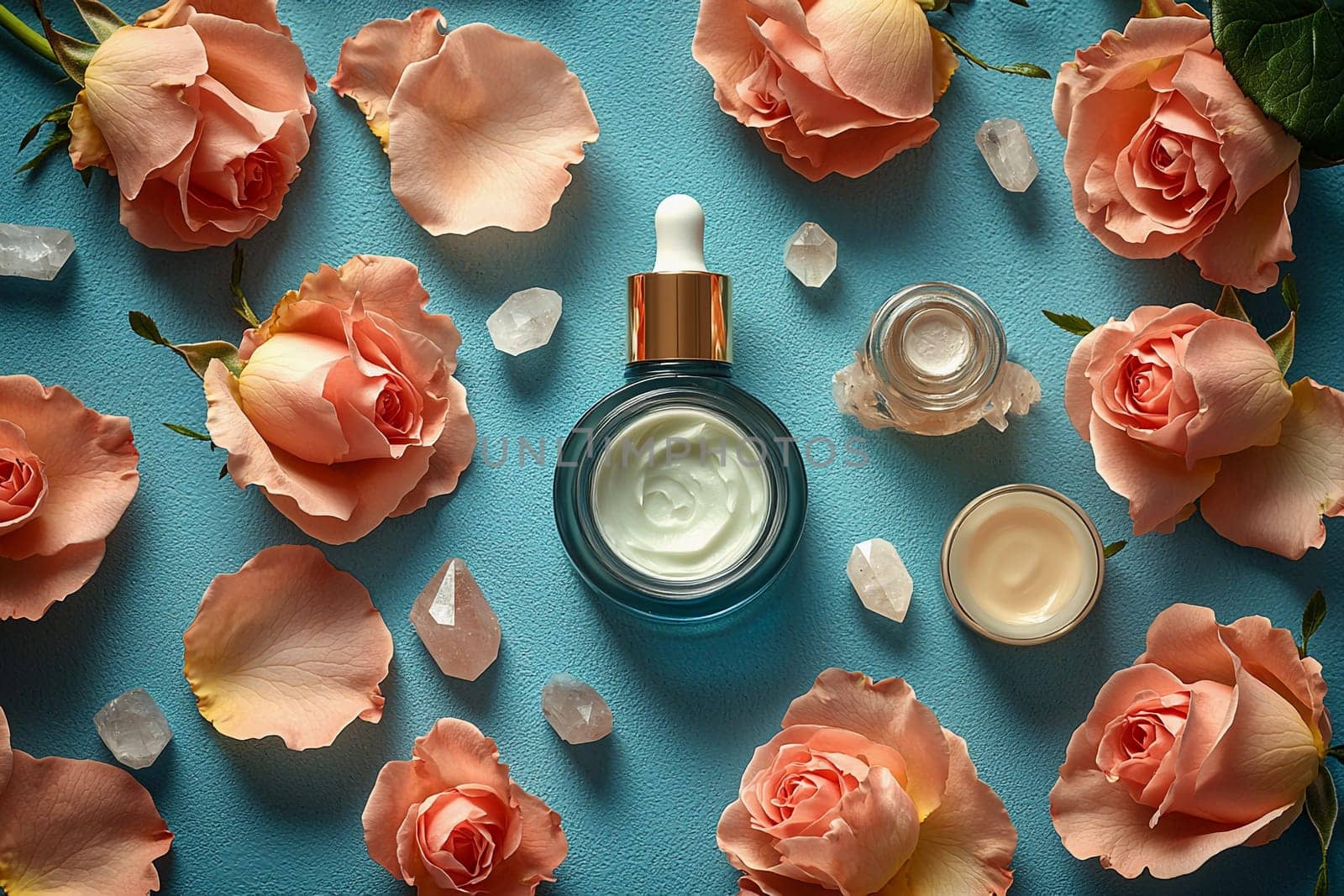 Delicate pink roses surround a bottle and jars of skincare products on a vibrant blue background, creating a tranquil and elegant display.