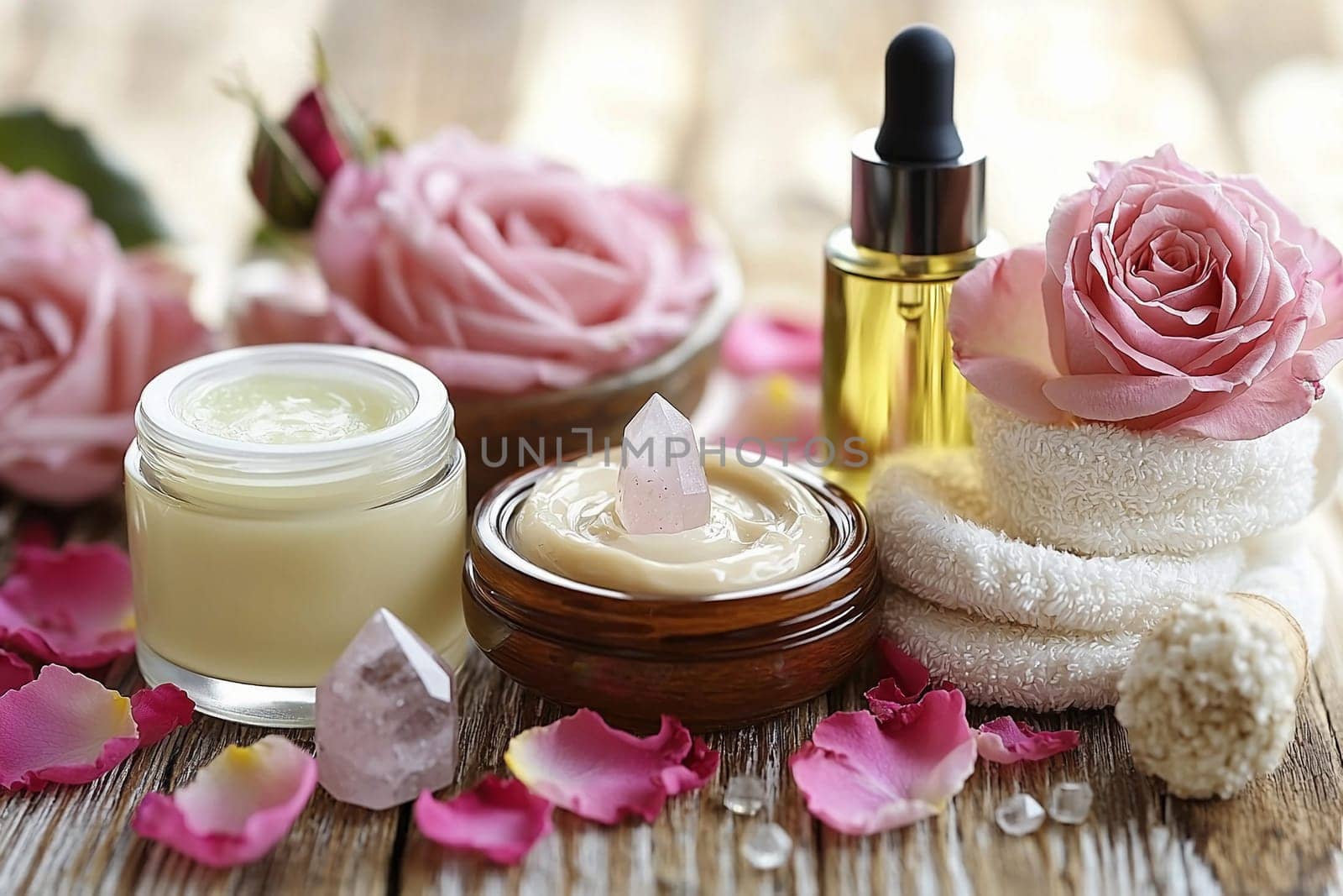 Natural skin care products are displayed alongside fresh pink roses and quartz crystals on a rustic wooden surface.
