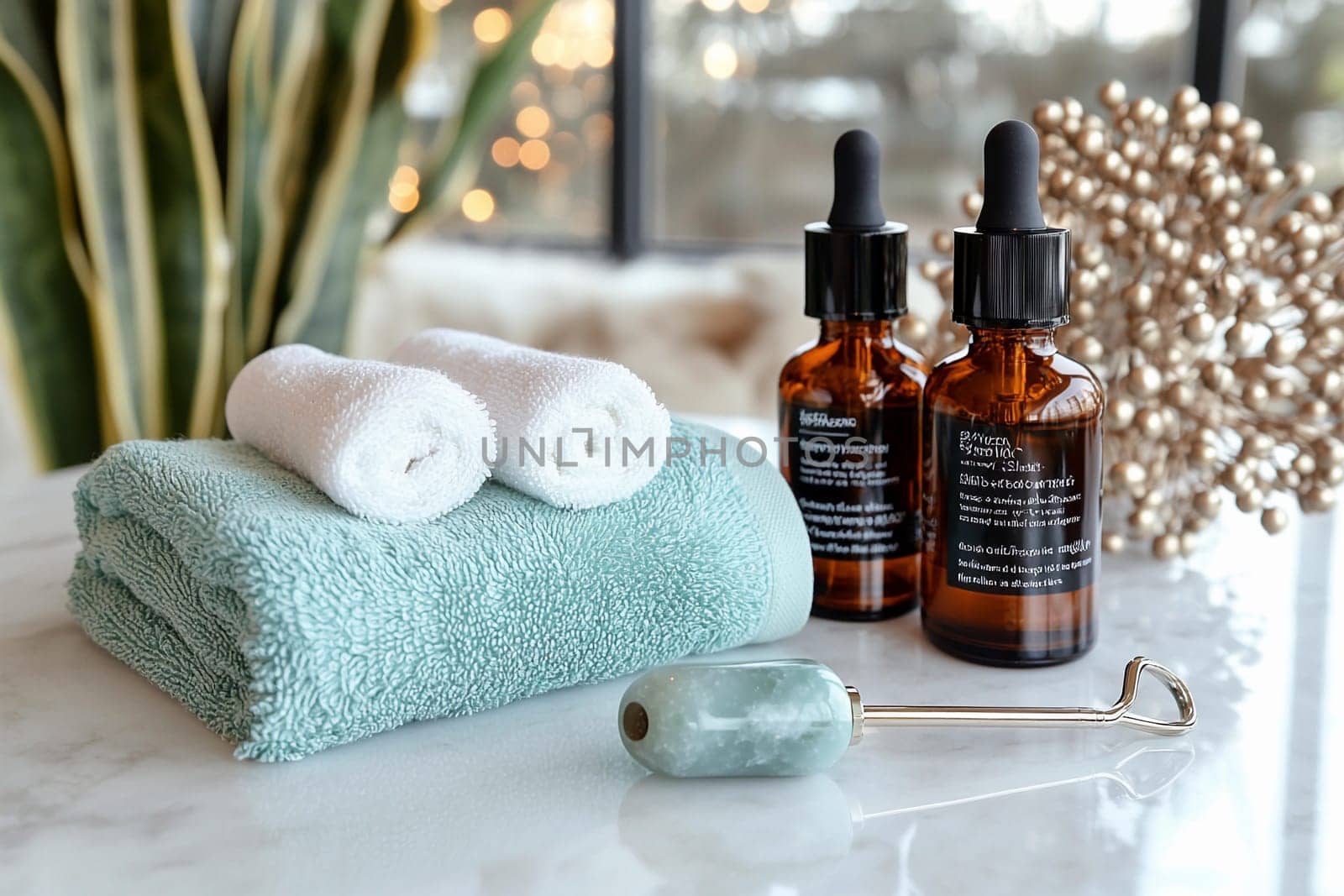 Soft towels and amber bottles await as users prepare for a soothing skin treatment session in a calm, inviting space.