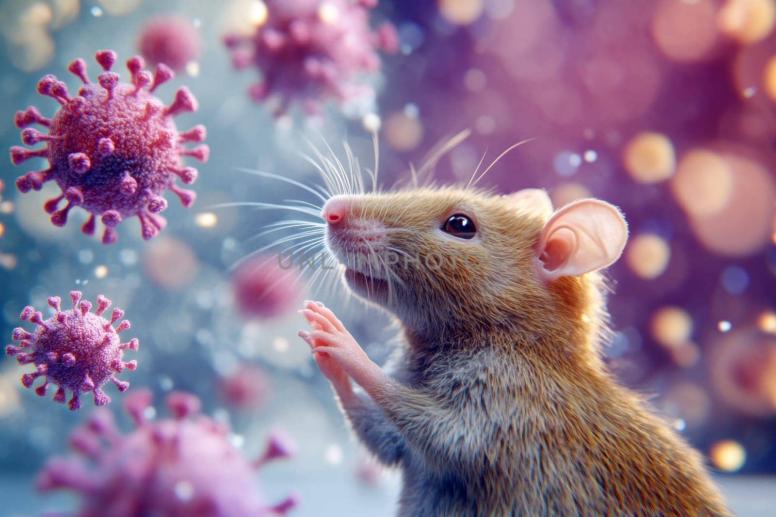 A rat is standing in front of virus particles..