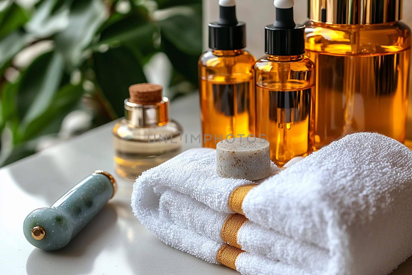 Bottles of essential oils, a skincare product, and neatly rolled towels create a calming spa atmosphere in a sunlit room.