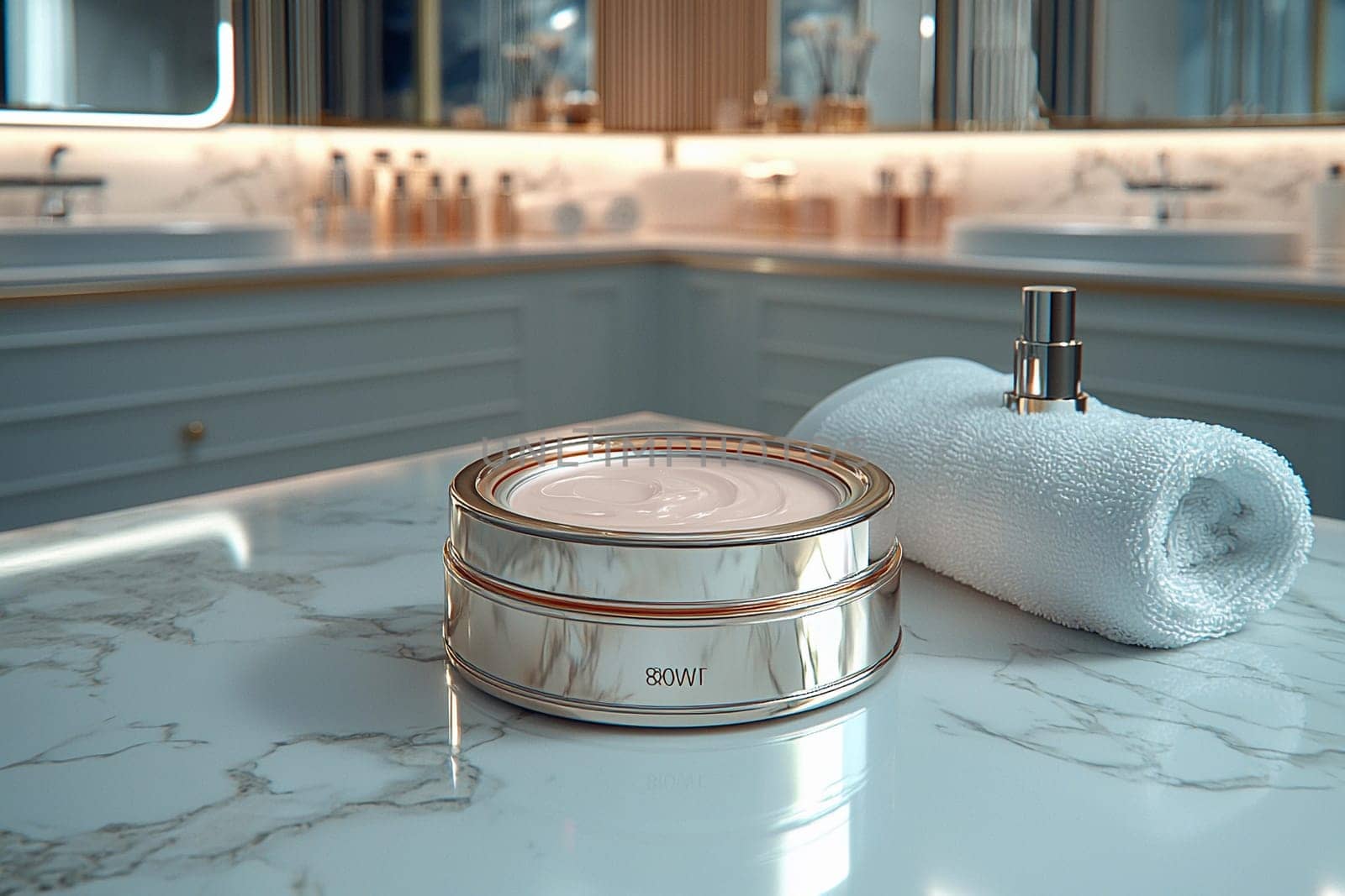 Skincare products and a towel are arranged on a marble bathroom surface, reflecting elegance and a sense of luxury.