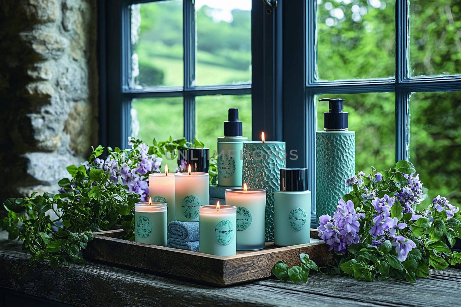 A collection of candles and skincare products placed on a wooden tray by a sunny window, surrounded by fresh flowers and greenery.