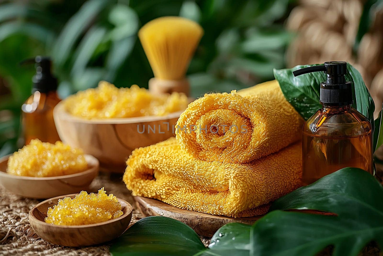 Soft yellow towels are neatly rolled alongside natural skincare products in a lush, tropical spa environment filled with greenery.
