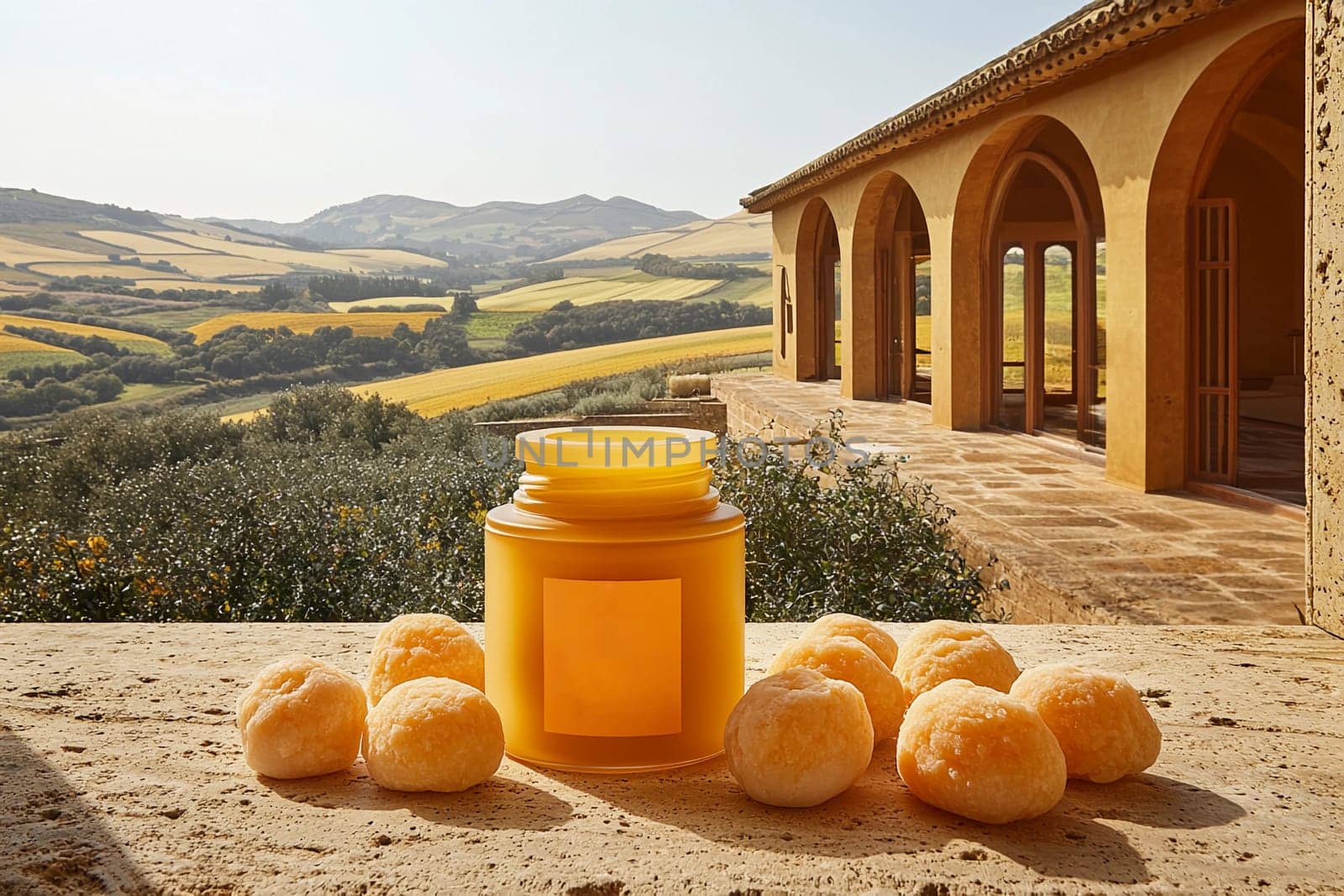 Golden honey jar sits beside soft round pastries on a rustic table overlooking vibrant countryside fields under bright sunlight.