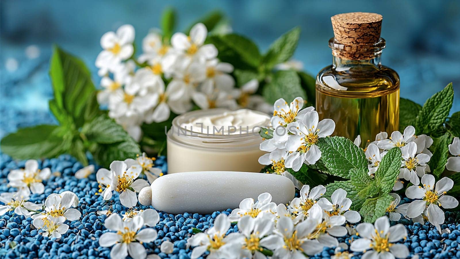 A serene arrangement showcases beauty products with flowers, oil, and cream on a vibrant blue background, emphasizing nature's touch in skincare.