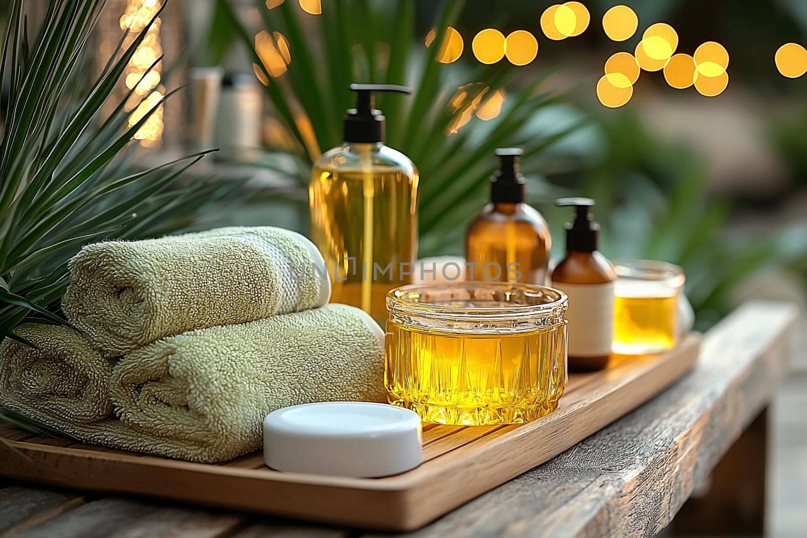A tranquil spa arrangement features neatly rolled towels and various bottles of essential oils surrounded by soft lighting.