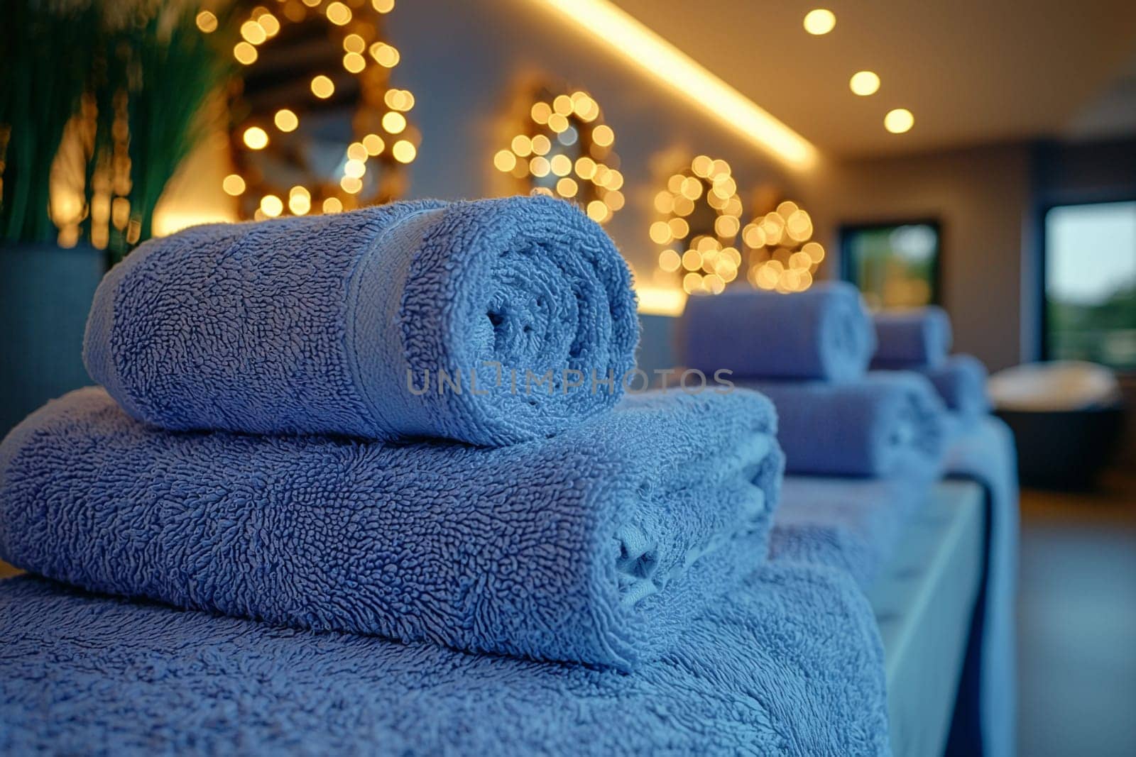 Soft blue towels are arranged neatly in a calming spa environment, highlighted by warm, inviting lights.