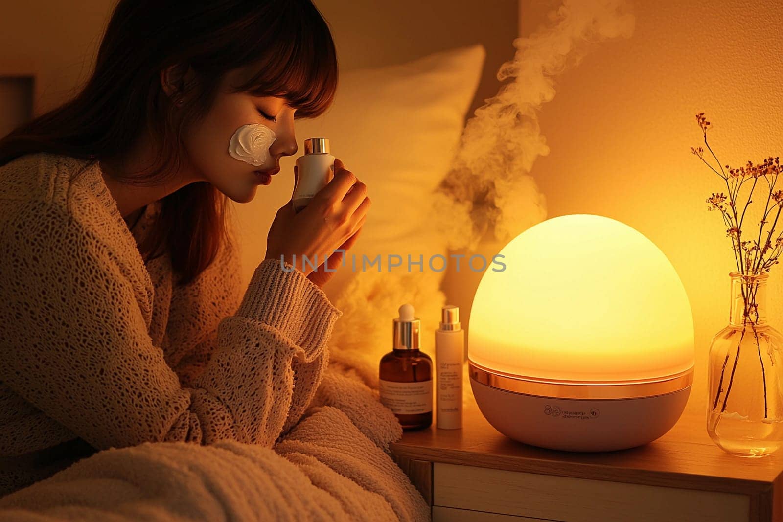 A woman enjoys a calming moment with essential oils and soft lighting while taking care of her skin in a cozy atmosphere.