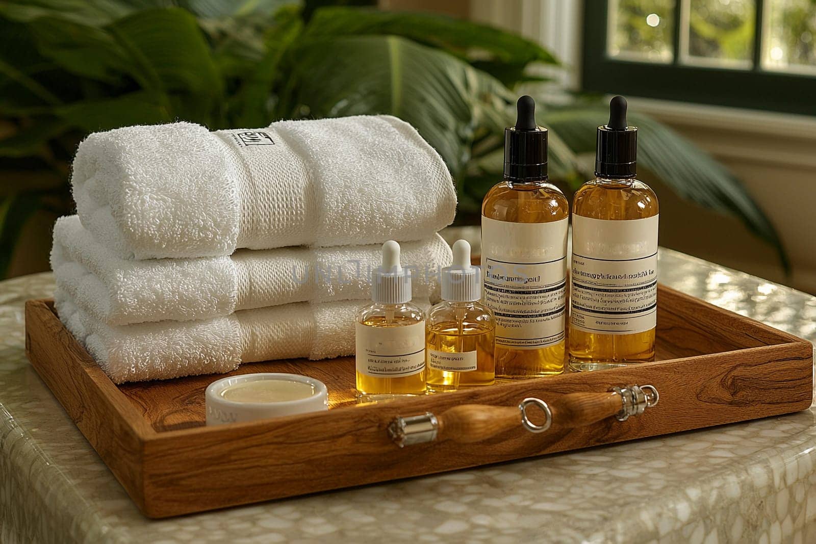 Soft white towels are neatly stacked alongside bottles of essential oils on a wooden tray in a calming spa environment.