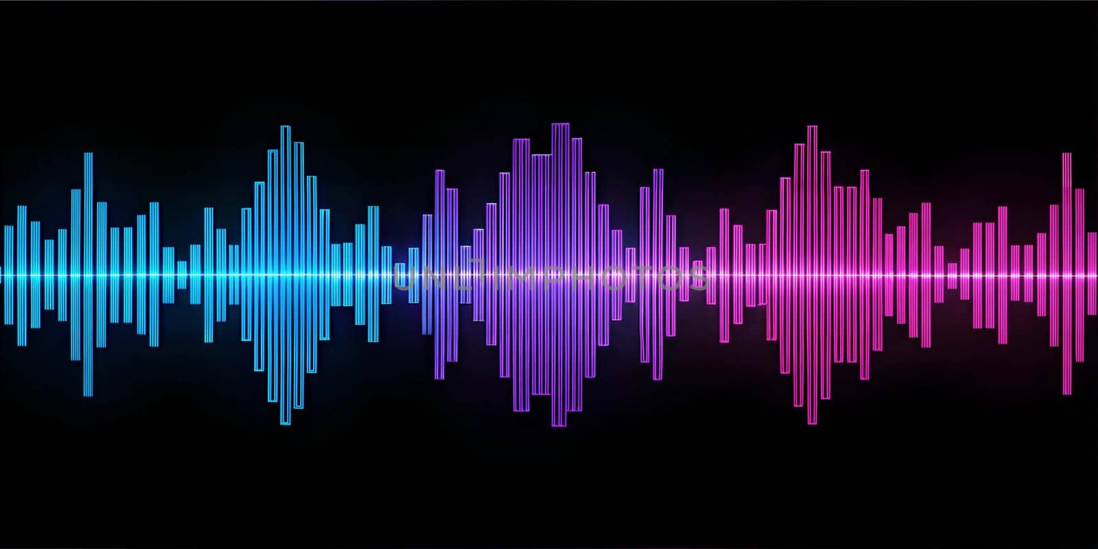 A digital art illustration of a vibrant sound wave, blending shades of blue and pink. The wave pattern represents audio frequencies and is mirrored at the center, creating a dynamic visual.