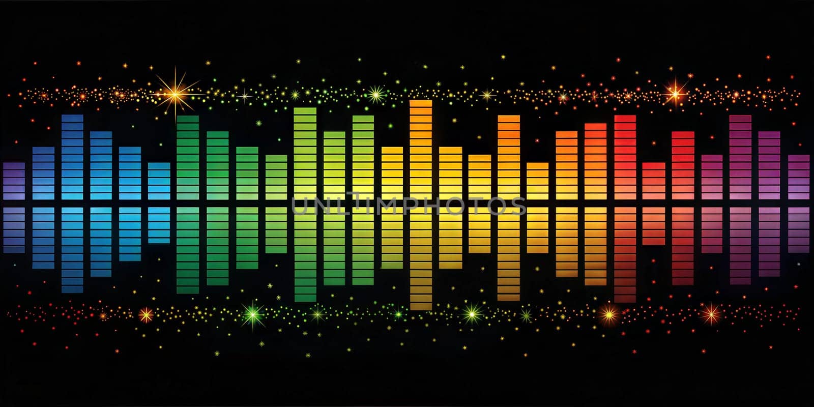A dynamic, colorful soundwave graphic with vibrant hues from blue to purple, complemented by sparkling stars, perfect for music events, digital design, and sound-related projects.