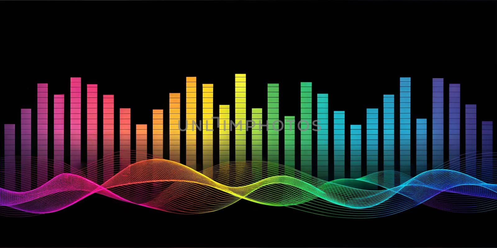A dynamic audio visualization featuring colorful vertical bars and flowing waveforms, creating a visually captivating spectrum of sound and energy.