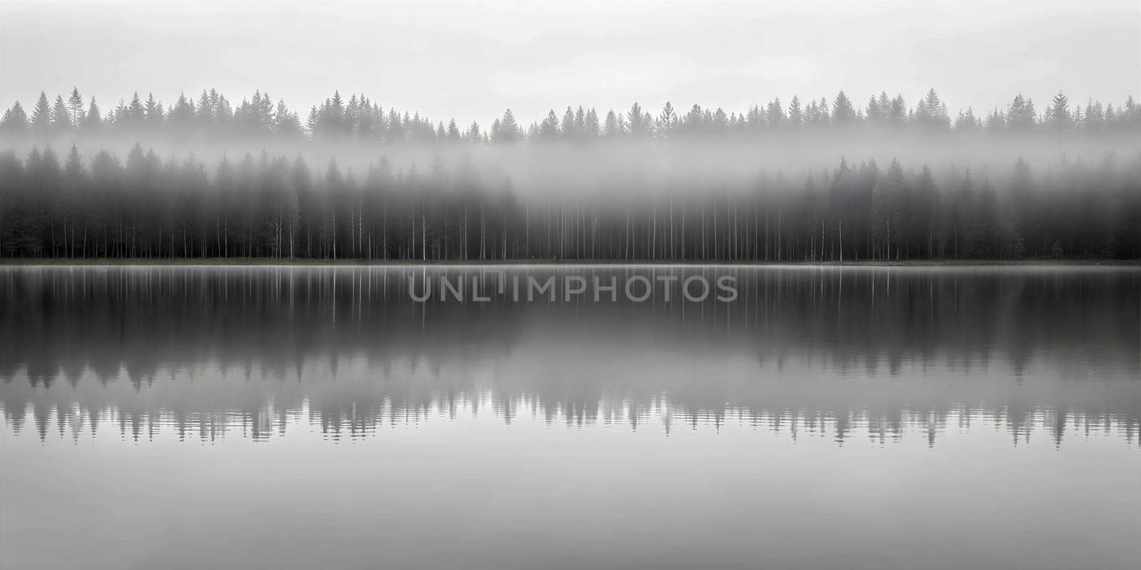 A tranquil and impressionistic grayscale image of a foggy lake reflecting a dense forest with towering trees, creating a serene and mysterious atmosphere.
