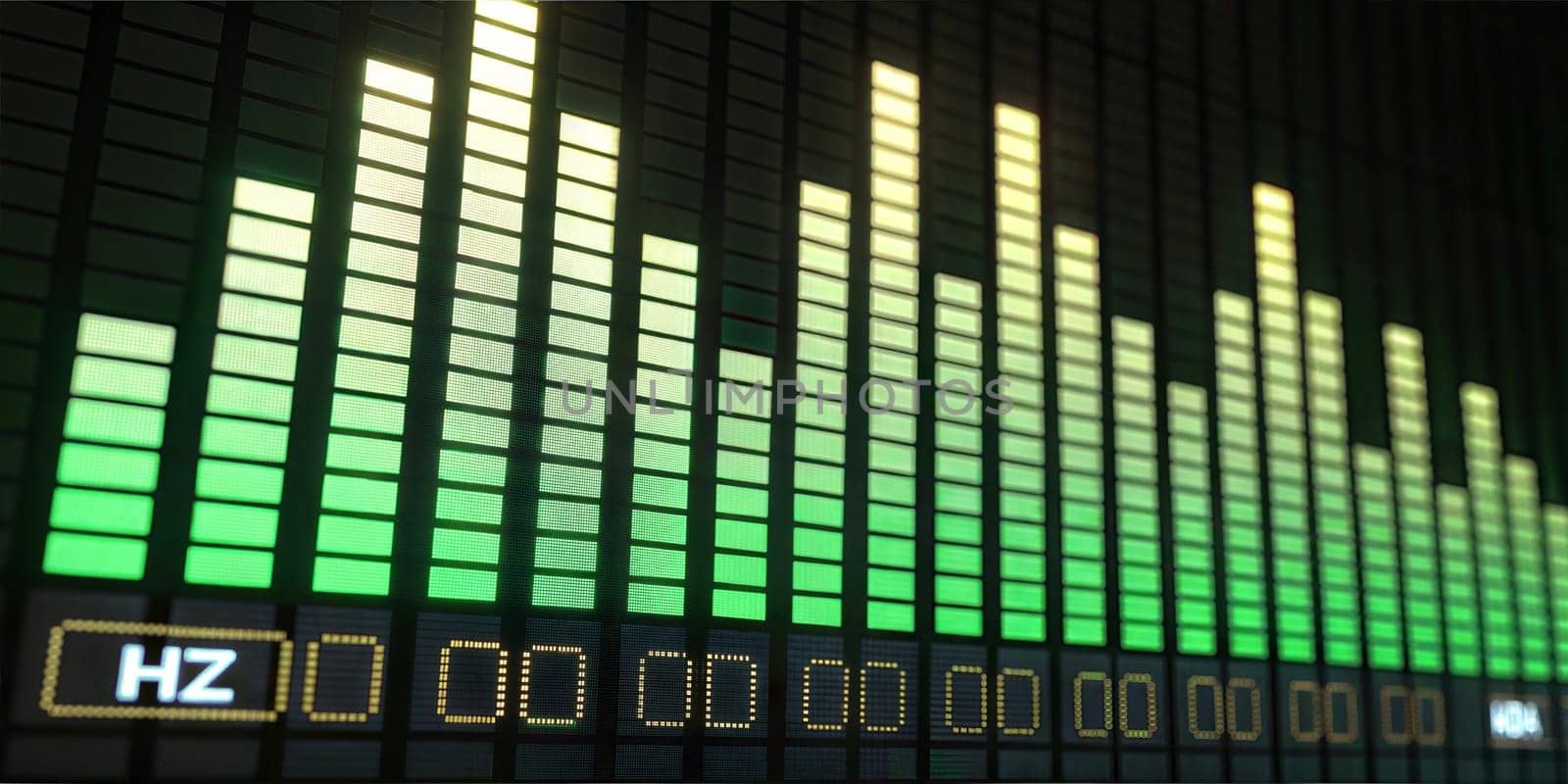 A detailed digital representation of audio frequencies with green-colored bars, showing sound wave patterns and frequencies displayed in Hz on a black background.