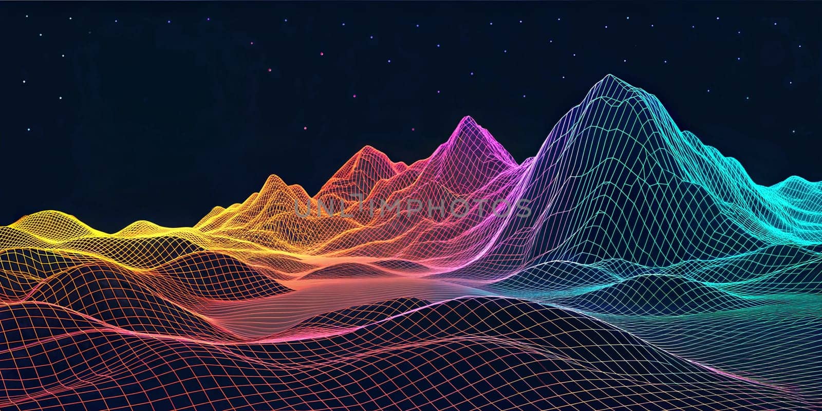 A vibrant abstract poster design showcasing colorful, glowing waves with a futuristic, digital look, perfect for a music event, concert, or creative projects.