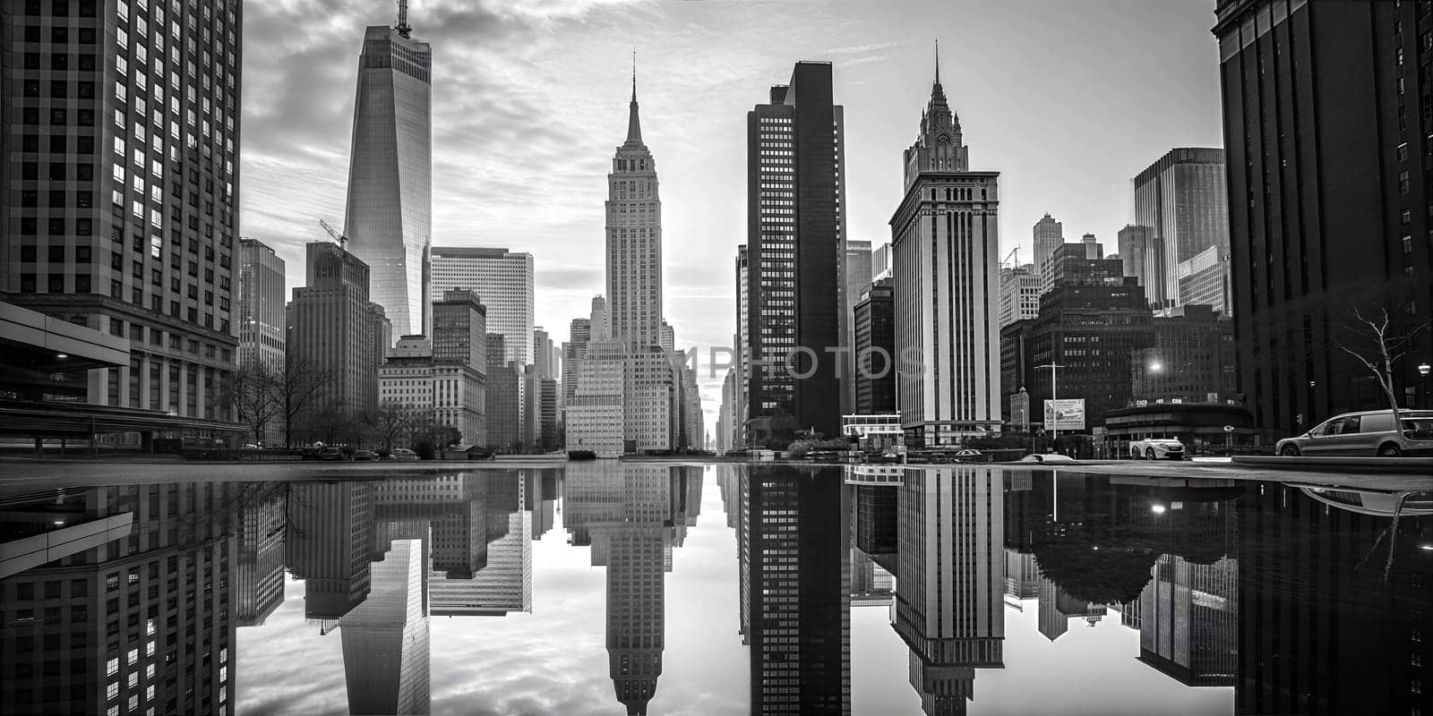 A black and white photo of skyscrapers and buildings in a city, reflected in a puddle on the street, showcasing modern architecture and urban life.